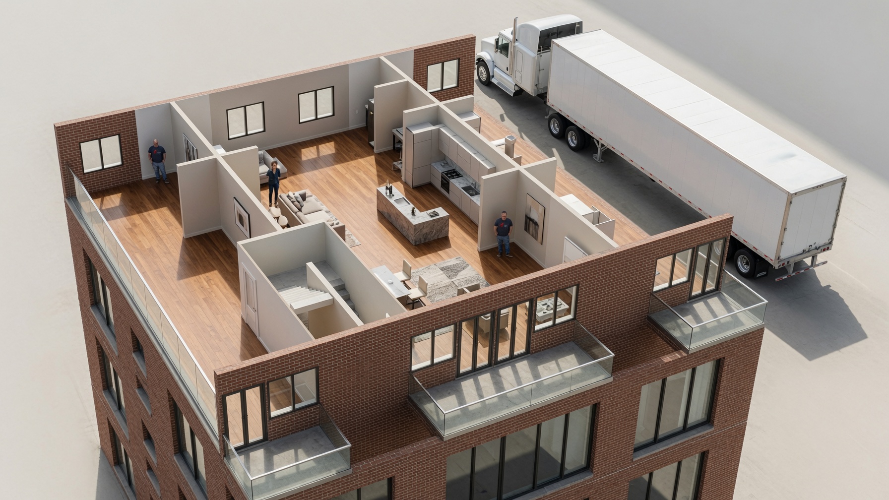 Cutaway render of a brick modular apartment building with furnished interior