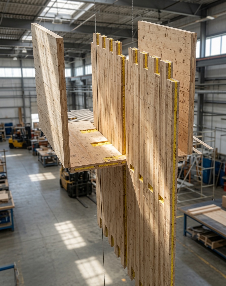 Kōmē Culture connected structural section showing hybrid timber panels at party-wall junction