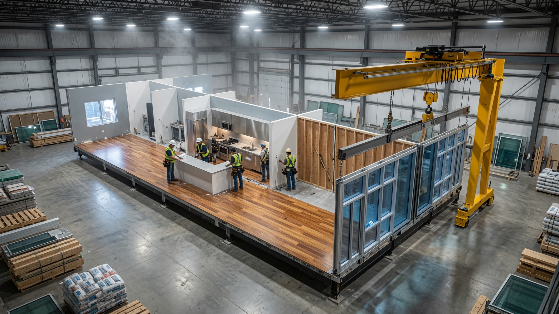 Modular home assembly inside a factory warehouse