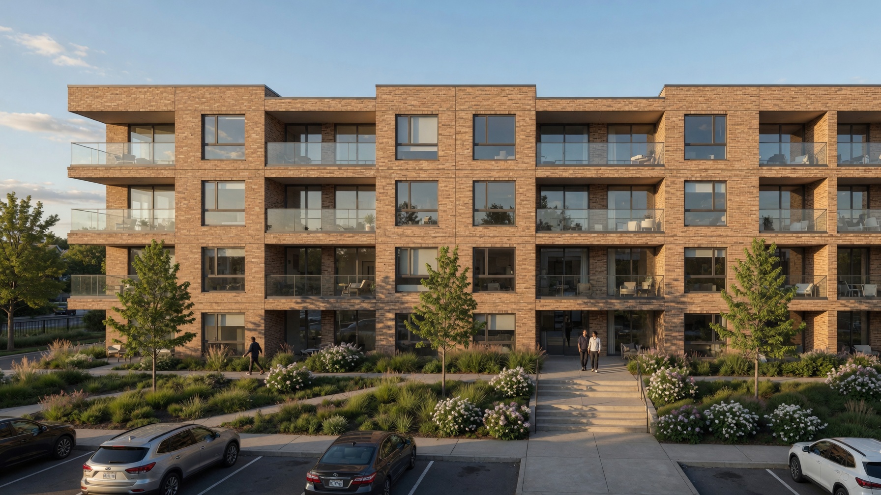 Completed four-story brick apartment building with landscaping