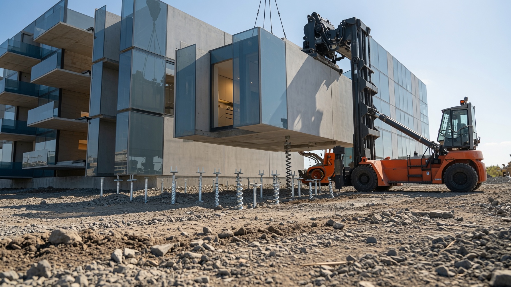 Modular units being lifted and stacked at a construction site