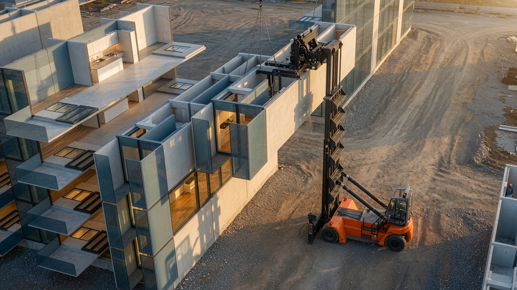 Orange telehandler lifting a modular unit into a multi-story building