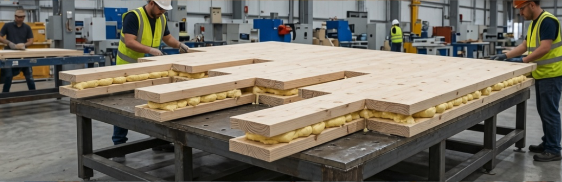 Kōmē Culture factory workers assembling a hybrid timber panel with foam core